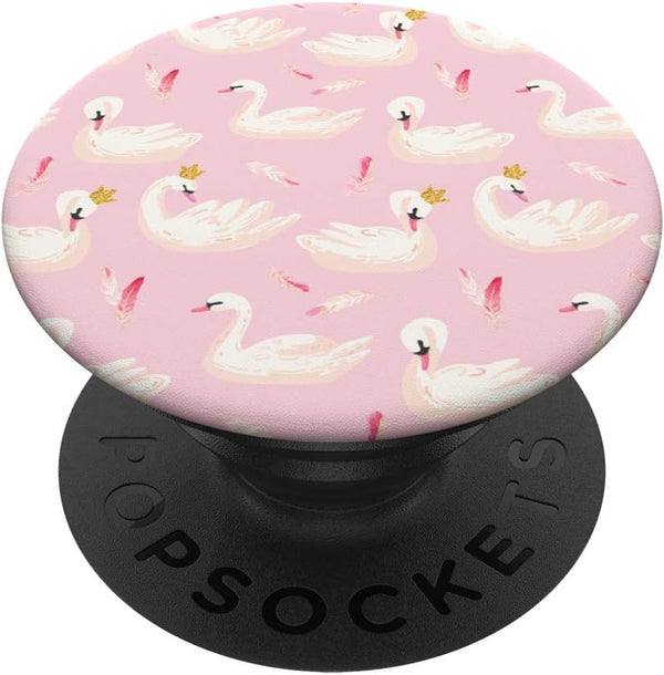 Cute Swans White with Feathers and Crowns Pattern on Pink PopSockets PopGrip for Phones & Tablets
