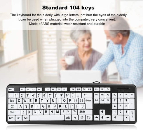 Luqeeg Large Print Computer Keyboard, USB Wired 104 Keys Black White High Contrast Keyboard for Low Vision Users