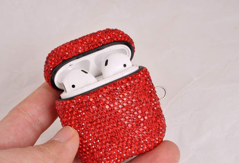 Sparkly Diamond Case for AirPods with Keychain, Shockproof Rhinestone Cover for Charging Case 1 & 2 (Red C1)