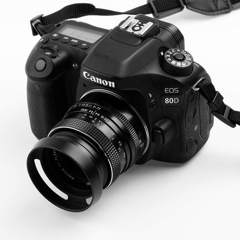 72mm Hollow Lens Hood Universal Metal Vented Tilted Curved Sunshade with Centre Pinch Lens Cap for Cameras