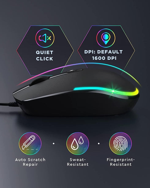 seenda Wired Mouse, USB Computer Mouse with RGB Backlit Optical LED, Attached USB Cord for Laptops, Black