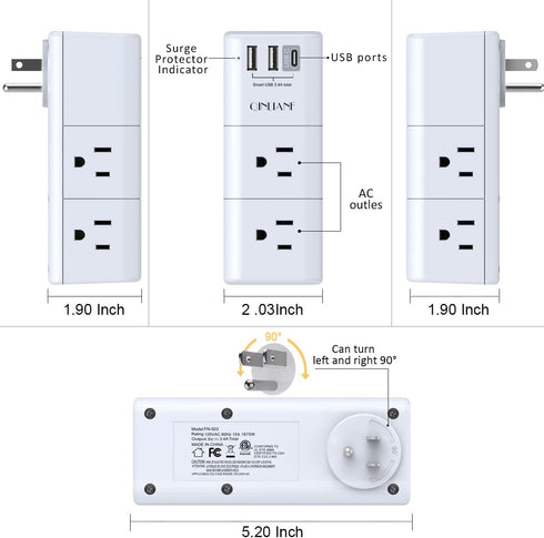 QINLIANF USB Outlet Extender Surge Protector, Multi Plug Power Strip with 3 USB Ports