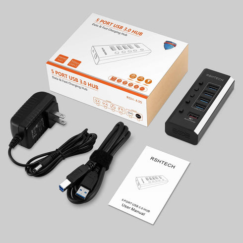 Powered USB Hub, RSHTECH USB 3 Hub with 4 USB 3.0 Data Ports + 1 Fast Charging Port, Individual On/Off Switches