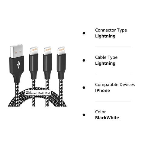 Apple MFi Certified iPhone Charger Fast Charging Cord 10 FT - 3 Pack, Nylon Braided, Compatible with iPhone 13, 12, 11