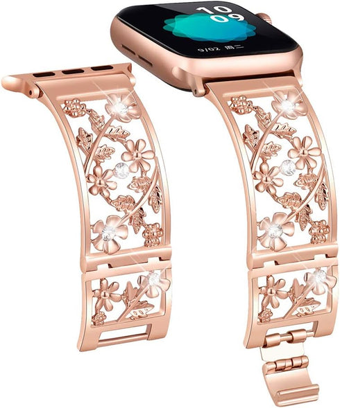 Floral Band Compatible with Apple Watch Jewelry Band 38mm 40mm 41mm 42mm, Bling Crystal Bracelet Strap for Women (Rose