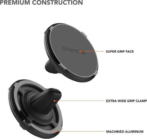 ROKFORM Double Magnetic Air Vent Holder, Aluminium Car Holder, Super Grip Clip, Black, Compatible with MagSafe Phones