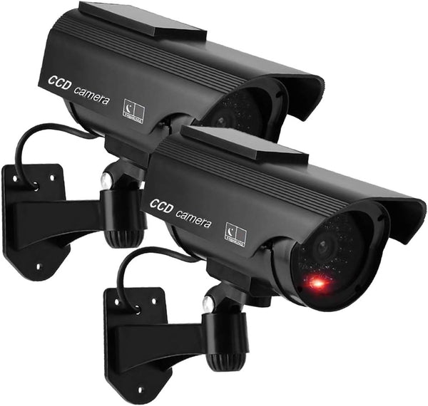 Solar Powered Bullet Dummy Fake CCTV Dome Camera with Flashing Red LED Light & Warning Security Alert Sticker