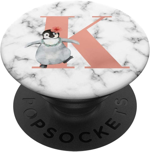 Cute Penguin With Flower Pink Color Letter K PopSockets Swappable PopGrip