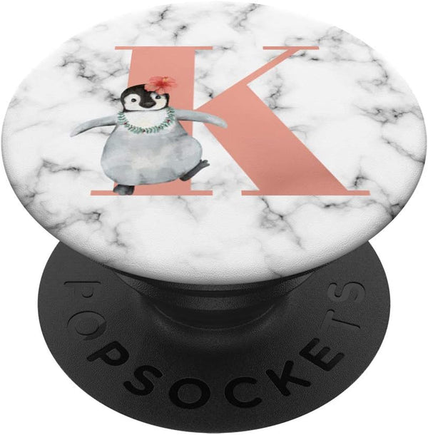 Cute Penguin With Flower Pink Color Letter K PopSockets Swappable PopGrip