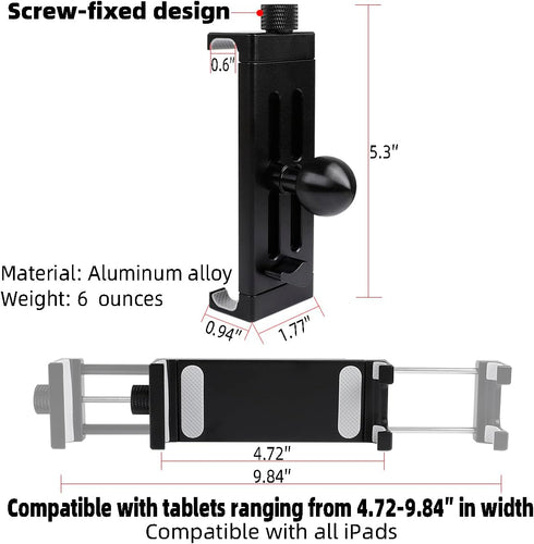 Aluminum Alloy Tablet Holder with 1" Ball Head, 360 Rotatable Tablet Mount for iPad and Other Devices from 4.7"-12.9",