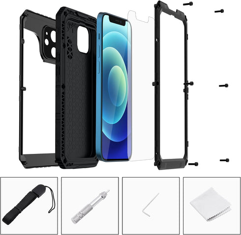 Mitywah Heavy Duty Waterproof Case for iPhone 12, Shockproof Full Body Underwater Protective Metal Case 6.1 inch, Black