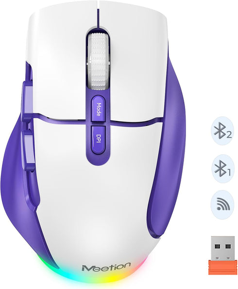 MEETION Wireless Mouse for Laptop, Ergonomic Rechargeable Mouse with USB and Bluetooth, 4 Adjustable DPI, Purple White