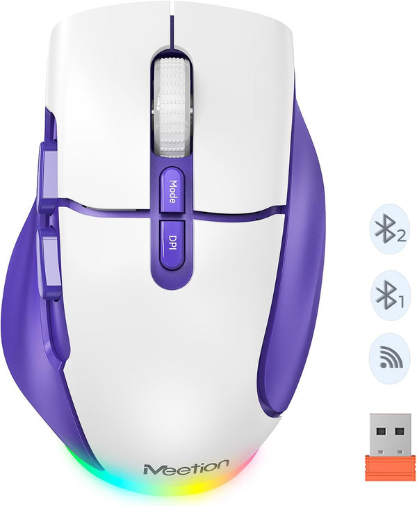 MEETION Wireless Mouse for Laptop, Ergonomic Rechargeable Mouse with USB and Bluetooth, 4 Adjustable DPI, Purple White