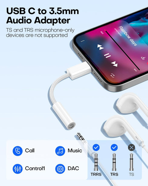 USB Type C to 3.5mm Headphone Jack Adapter for iPhone 15 Pro Max/Pro/Plus, iPad Headphone Adapter USB C to Aux Audio Dongle Cable Cord for Samsung Galaxy, Pixel - White