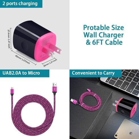 Micro USB Charger Block / Fast Charging Cord for Android Phones / 6FT Compatible with LG K40, K50, and More