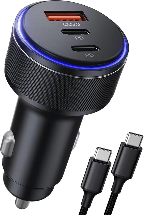 USB C Car Charger 90W 3-Port Dual USB-C & USB-A Power Adapter with Fast Charging Cable for iPhone 15/14/13/12/11