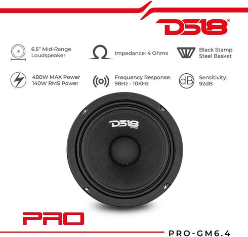 DS18 PRO-GM6.4 Loudspeaker - 6.5", Midrange, Black Steel Basket, 480W Max, 140W RMS, 4 Ohms - Premium Quality Audio Door Speakers for Car or Truck Stereo Sound System (1 Speaker)
