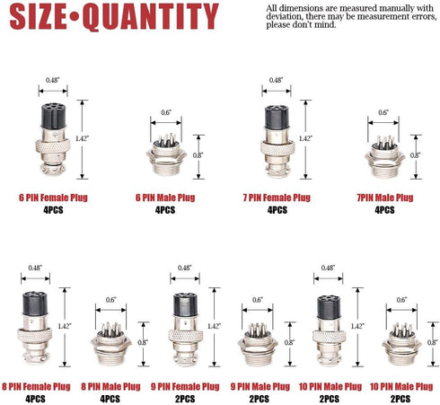 Hilitchi 32-Pieces 6 7 8 9 10 Pin 16mm Thread Male Female Panel Metal Aviation Wire Connector Plug Assortment Kit