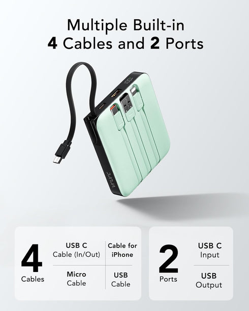 Portable Charger USB C VRURC, 10000mAh Power Bank with Built-in Cable, 20W Battery Pack for iPhone 15 14 Samsung Galaxy