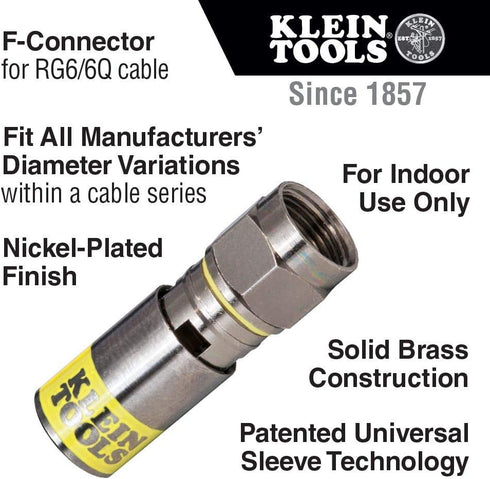 Klein Tools VDV812-606 F-Connector for RG6/6Q Coaxial Cable, Universal Compression Connectors, Male, Professional Grade, 10-Pack by Klein Tools