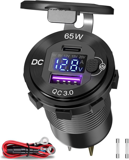 Qidoe 83W 12V USB Power Outlet, 65W PD USB-C Laptop Charger Socket and 18W QC3.0 Car USB Port with Digital Voltmeter