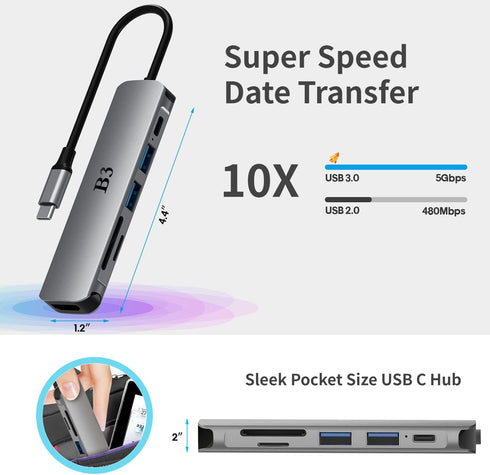 USB C to 4K HDMI Adapter for MacBook Pro Air, 6 in 1 USB-C Digital AV Multiport Dongle Adapter with USB3.0 & 2.0/SD/TF