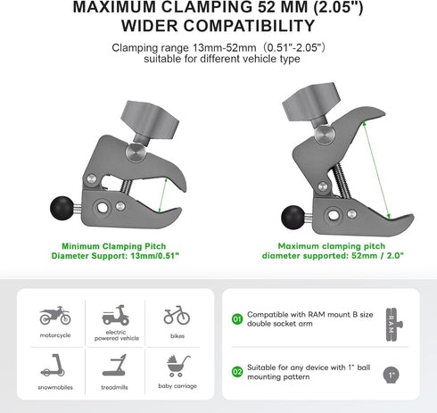 FANAUE Aluminum Handlebar Base Mount with 17mm Ball Head Adapter, Strong Rod Clamp for Rails 0.5'' to 2'' Diameter,