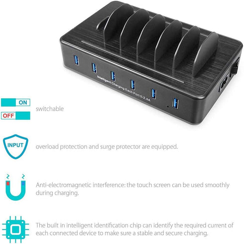 Charging Station for Multiple Devices, 50W 6 USB Ports Family Charger Compatible with Apple iPhone iPad and Android