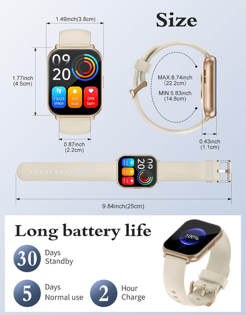 RUIMEN Smart Watches for Women Men, 1.8" Fitness Tracker with Heart Rate Monitor, Waterproof, 2 Bands, Milky White