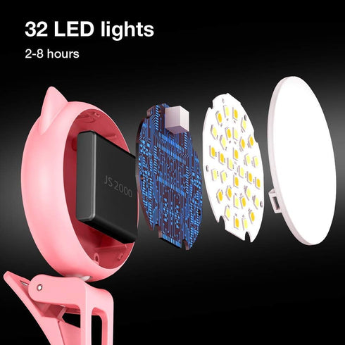 OURRY Mini Rechargeable Selfie Clip on Ring Light, 9 Level Adjustable Brightness, 32 LED, USB Flash Lighting - Pink