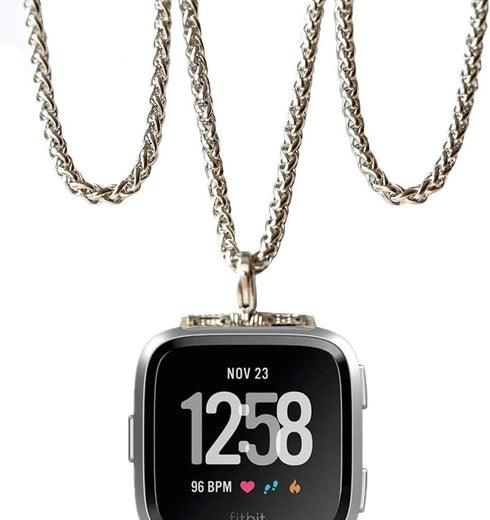 Stainless Steel Chain Necklace Smartwatch Band, Compatible with Fitbit Versa 1/2/Lite, Polished Silver Metal Replacement