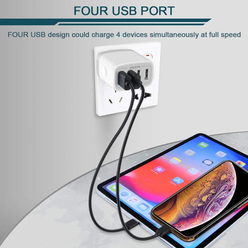 AILKIN USB Charger Cube, 4.8A 4-Port Wall Charger Plug, Charging Station for iPhone 15 14 13 12 11 Pro Max