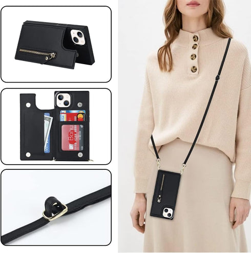 iPhone 13 Crossbody Phone Case - Black Leather Wallet with Card Holders, Adjustable Strap, Protective Design, 6.1 inch.
