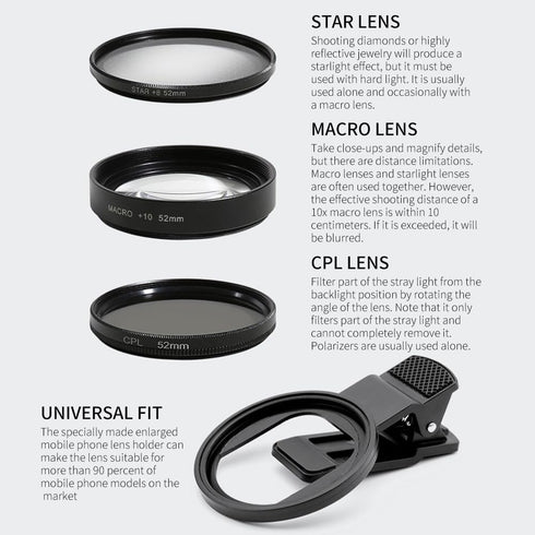 52mm Clip-on Phone Camera Lens Filter, 3 in 1 Phone Lens Filter Kit, CPL Lens + Macro Lens + Star Lens Universal Cellphone Lens Filter Compatible with iPhoneSamsung/Android Smartphones(Size:3 in 1)