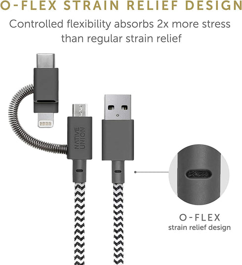Native Union Belt Cable, 6.5ft Ultra-Strong Reinforced Charging Cable with 3-in-1 Adaptor for Lightning, USB-C,