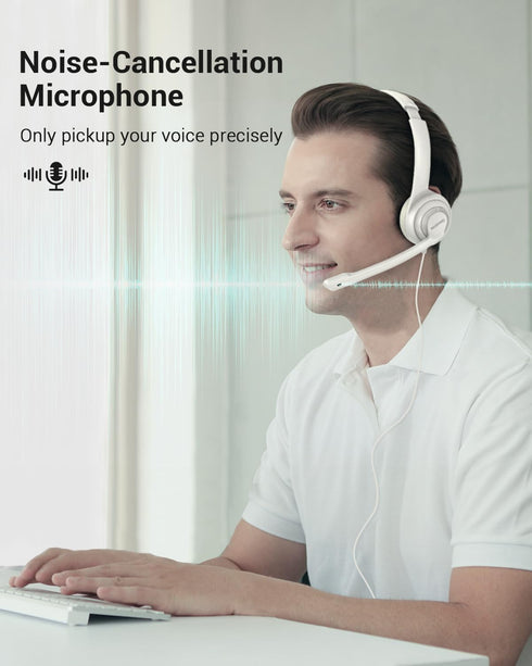 HW02 USB Headset with Microphone Noise Cancelling &in-line Control, Super Light, Ultra Comfort Computer Headset for Laptop pc, On-Ear Wired Office Call Center Headset for Boom Skype Webinars(White)