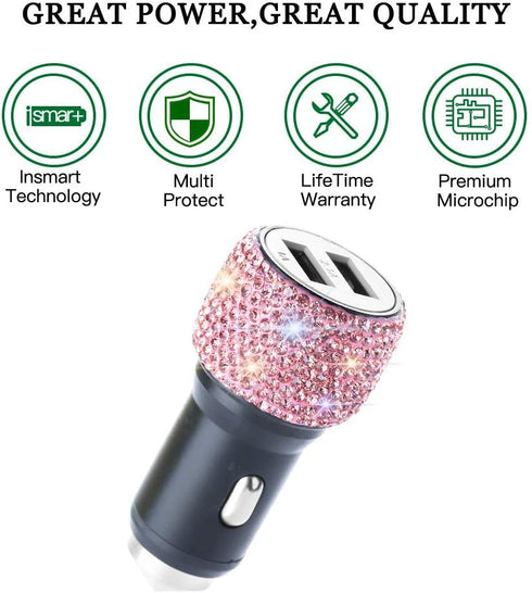 SAVORI Dual USB Car Charger, Bling Bling Rhinestones Crystal Car Adapter for Fast Charging iPhone, iPad, Samsung