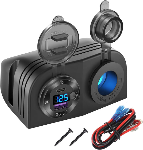 Tent Type Panel 12V USB Outlet Lighted Cigarette Lighter Socket, PD3.0 & QC3.0 Car USB Port Charger with LED Voltmeter