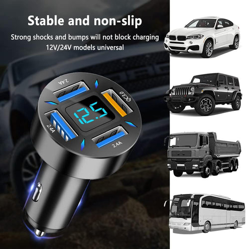 Car Charger 66W Super Fast Charging - USB 2.4A & QC 3.0 (Voltmeter & LED Lights) Universal Quick Charge for 12-24V Car
