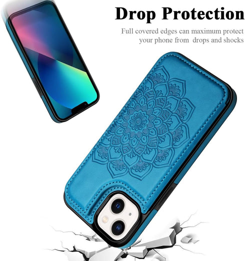 MMHUO iPhone 13 Case with Card Holder, Flower Magnetic Back Flip Wallet Case for Women, Protective Blue Phone Case