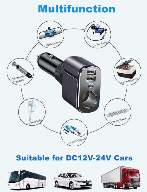 4 in 1 USB C Car Charger Adapter, 210W Multi USB Cigarette Lighter Adapter with 3 USB Ports for iPhone 15/14