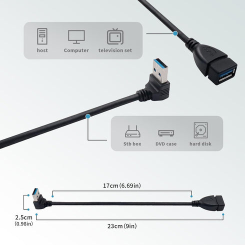 Antrader USB 3.0 Right Angle 90 Degree Extension Cable Male to Female Converter Data Adapter Cord (2 Pairs)