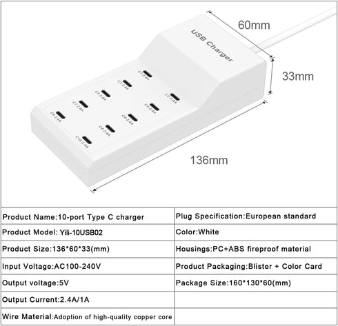 USB C Charger, 10 Ports USB Charging Station, 50W Multi-Port USB C Wall Charger for iPhone 15/14/13/12/iPad/Samsung S23