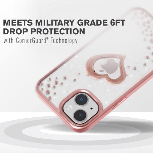 VENA vLove Glitter Clear Case for Apple iPhone 14/13 (6.1"-inch), Heart Shape Dual Layer Slim Hybrid Clear Bumper - Pink