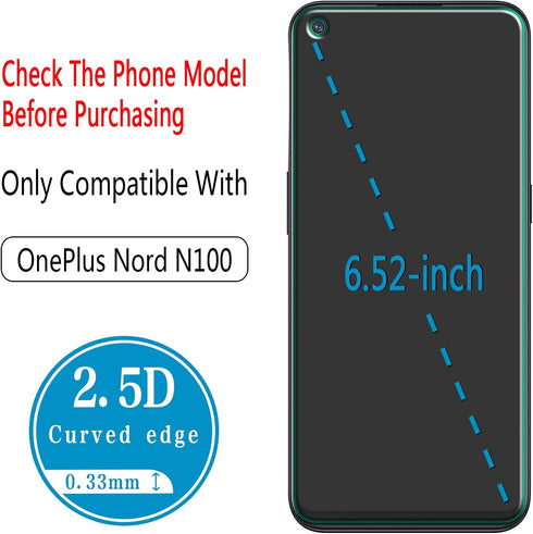 HPTech (2 Pack) Tempered Glass Screen Protector for OnePlus Nord N100, Anti Scratch, Bubble Free, Case Friendly