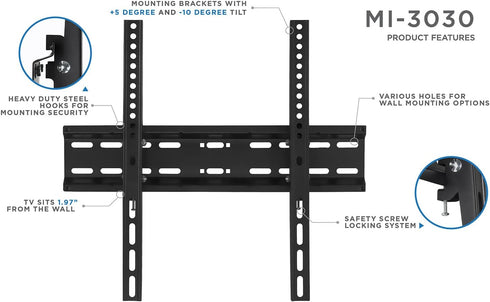 Mount-It! 30, 32, 37, 39, 40, 42, 43, 47, 49, 50, 55 inch 77 lbs 2" 400 400 Tilting Flatscreen Wall Mount TV for LED
