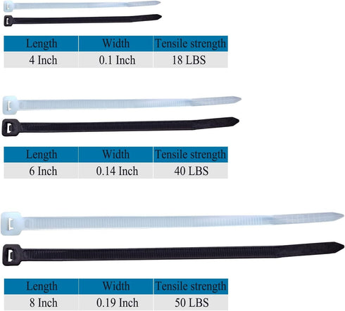 Superun Zip Tie Kit - 400 Pack Assorted Sizes 4 Inch, 6 Inch, 8 Inch Mix Pack in Black & White