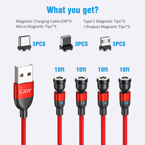 Red Magnetic Charging Cable 4 Pack (10ft each) - 540° Rotation, Nylon Braided, Type C & Micro USB Compatible.