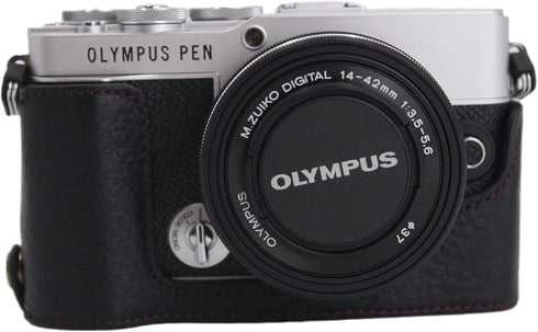 E-P7 Case, BolinUS Handmade Leather Half Camera Bag for Olympus Pen E-P7, Bottom Opening Version, Black