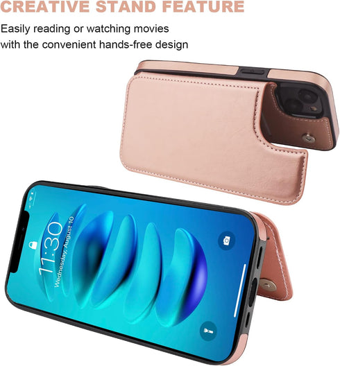 iPhone 14 Plus Wallet Case with Card Holder, PU Leather Kickstand, Double Magnetic Clasp, Durable Shockproof Cover 6.7